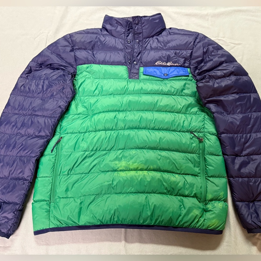 Eddie Bauer Down Puffer Pullover Jacket Green Blue Colorblock - Men’s S